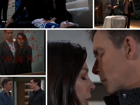 Six scene collage from General Hospital's Valentin Cassadine storyline: Anna Devane and Valentin Cassadine kneeling over Charlotte after she was shot, Laura Collins and Valentin standing before a covered grave in Chechnya, Anna and Valentin staring at a threatening message scrawled in red across her mirror, Valentin and Spencer Cassadine shaking hands and vowing to be better Cassadines, and Anna and Valentin close together, stopping themselves from kissing after deciding they can't be together.