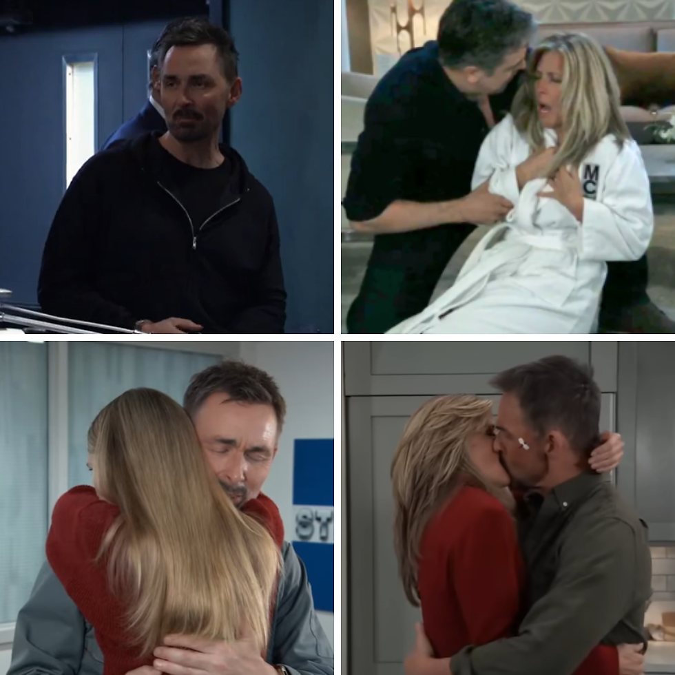 Four scene photos from General Hospital's Valentin Cassadine story. Top left: Valentin in a dark hallway before his transfer to Steinmauer. Top right: Valentin catching Carly Corinthos as she collapses from plutonium poisoning meant for Jack Brennan, her Metro Court robe open at the collar. Bottom left: Valentin embracing Charlotte Cassadine during a visit at Steinmauer. Bottom right: Valentin and Carly kissing for the first time in her kitchen.
