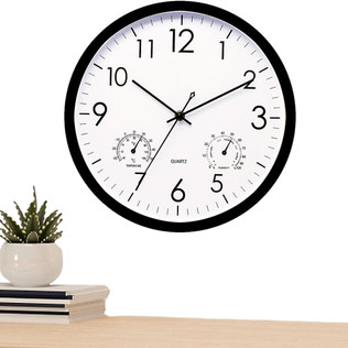 A large outdoor clock with thermometer.