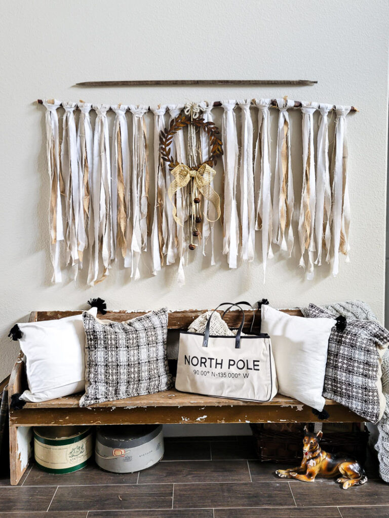 A hanging bunting on wood.