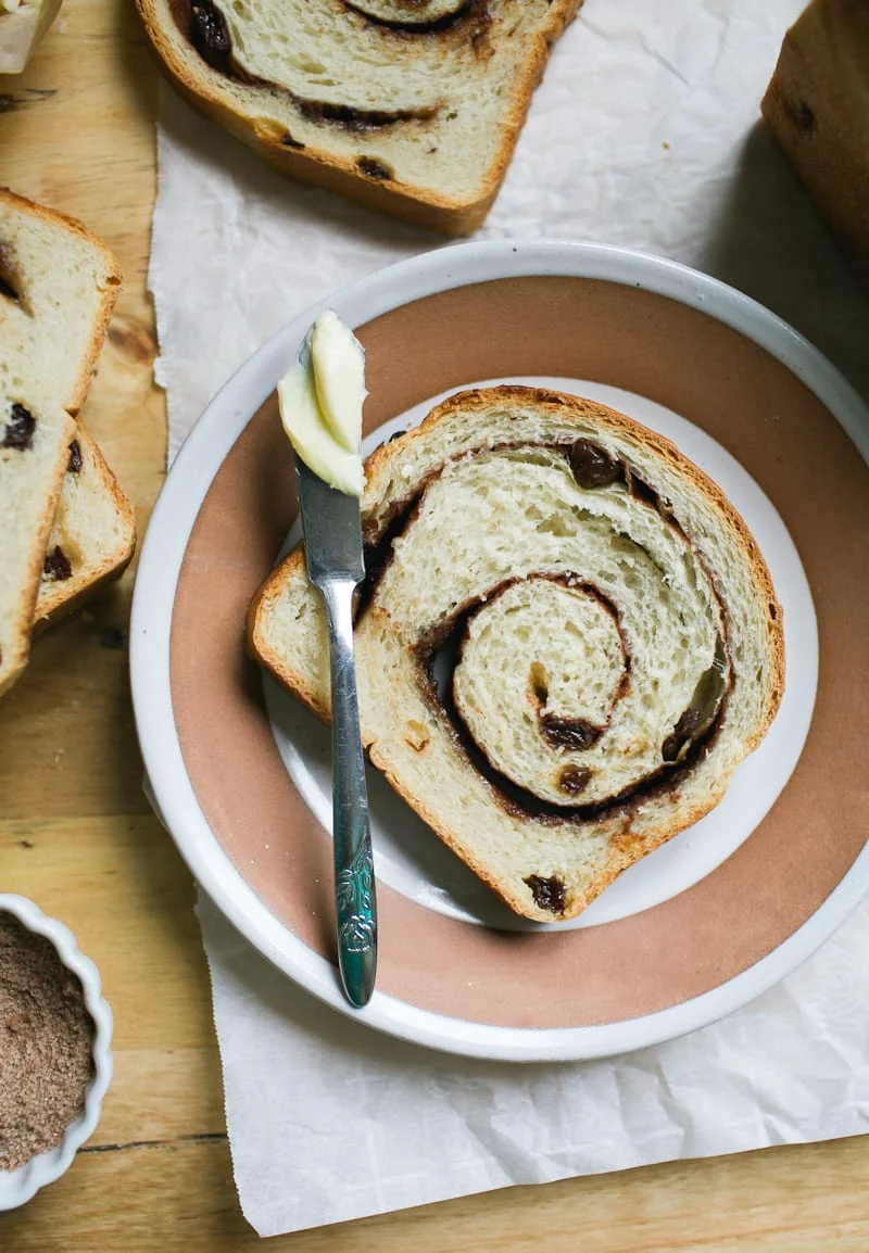 a slice or raisin sourdough cinnamon bread.