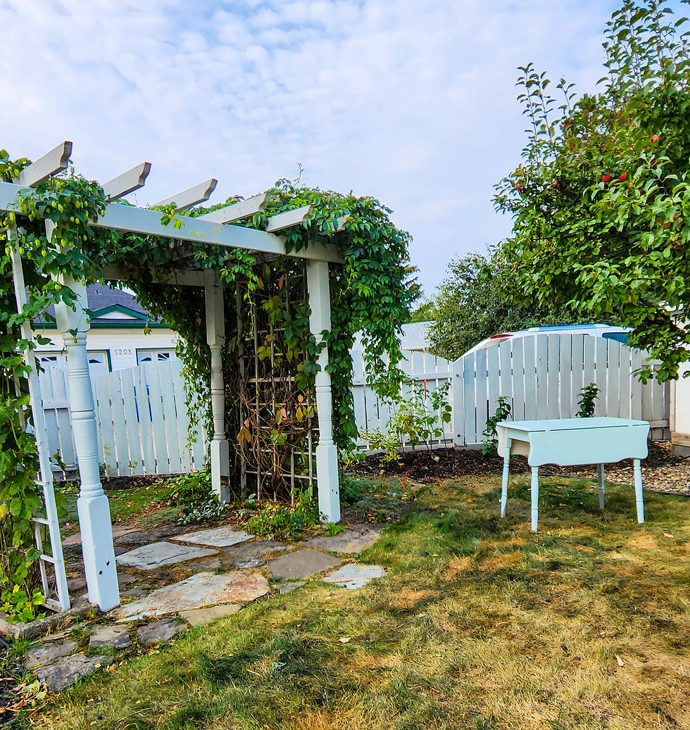 The corner of a yard with a pale green vintage table in the corner.