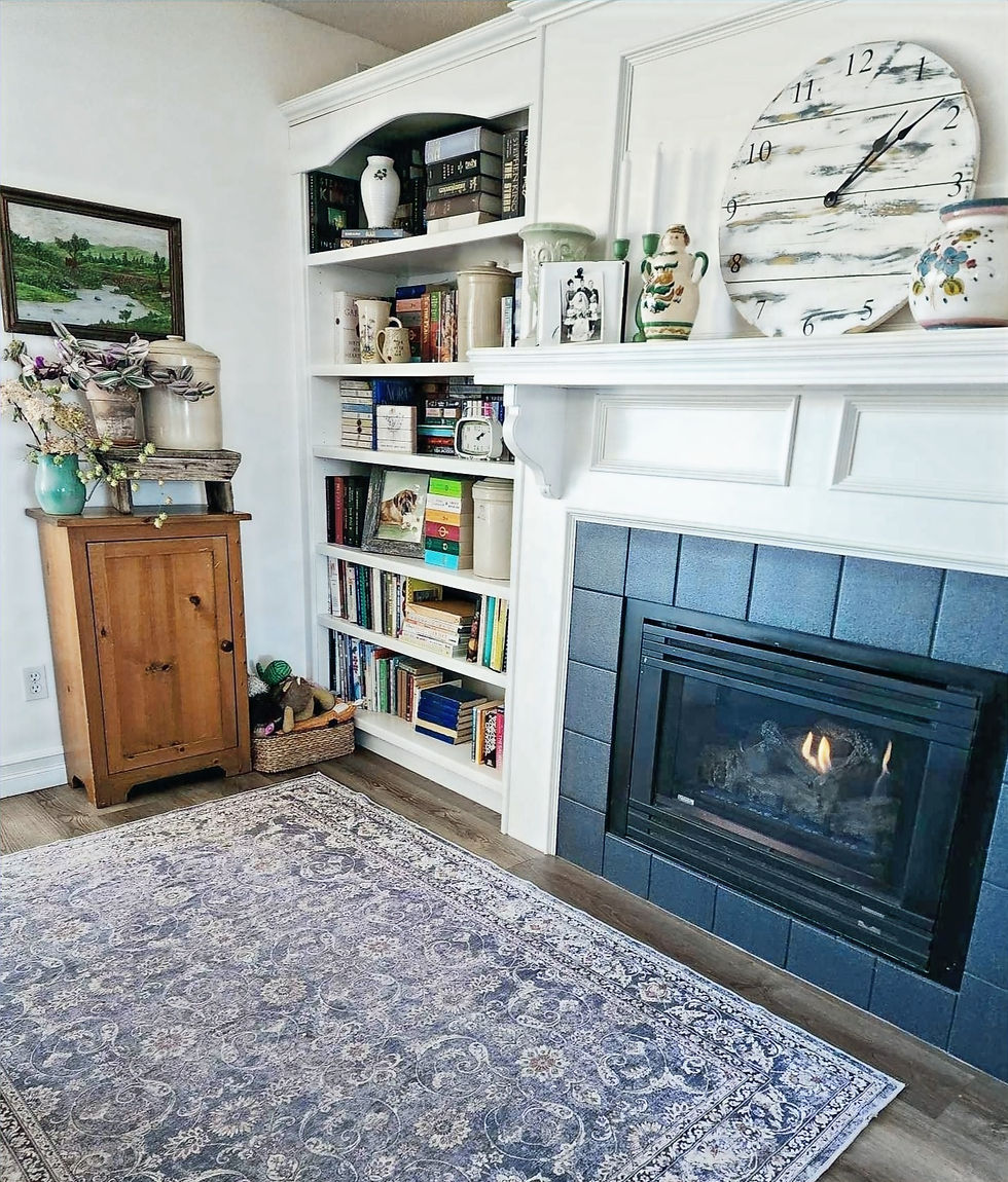 A blue rug in a small sitting room.