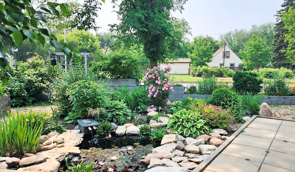 View of the pond, fence, and boulevard gardens.
