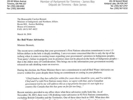Letter to Minister Bennett Regarding Boiled Water Advisories in First Nations Communities in Ontario