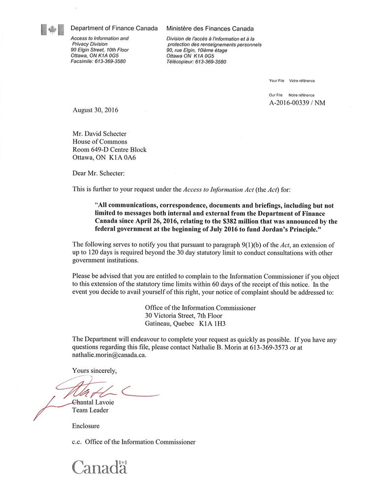 Department of Justice Reponse to Access to Information Request on Funding for 'Jordan's Principal'