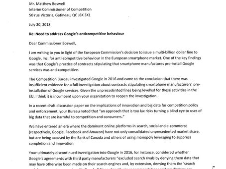 Letter to Competition Commissioner Boswell Requesting the Reopening of Investigation into Google