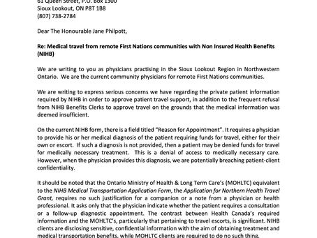 Letter to the Health Minister on Approval for Medical Travel from Remote FN Communities with NIHB