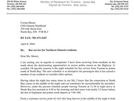 Letter to the CEO of Ontario Northland Regarding the Lack of Bus Routes in Northern Ontario