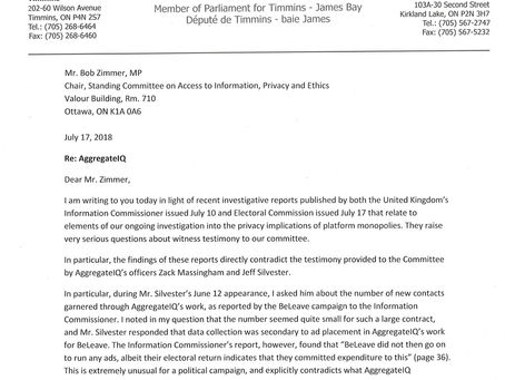 Letter to Ethics Chair Zimmer Regarding Findings from the Ongoing Investigation into AggregateIQ
