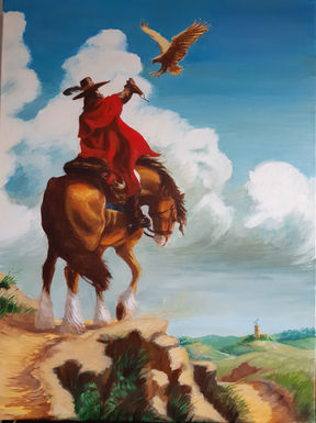 Falconer on horseback. Painting featuring man on horse with a falcon. Semaphore in background 