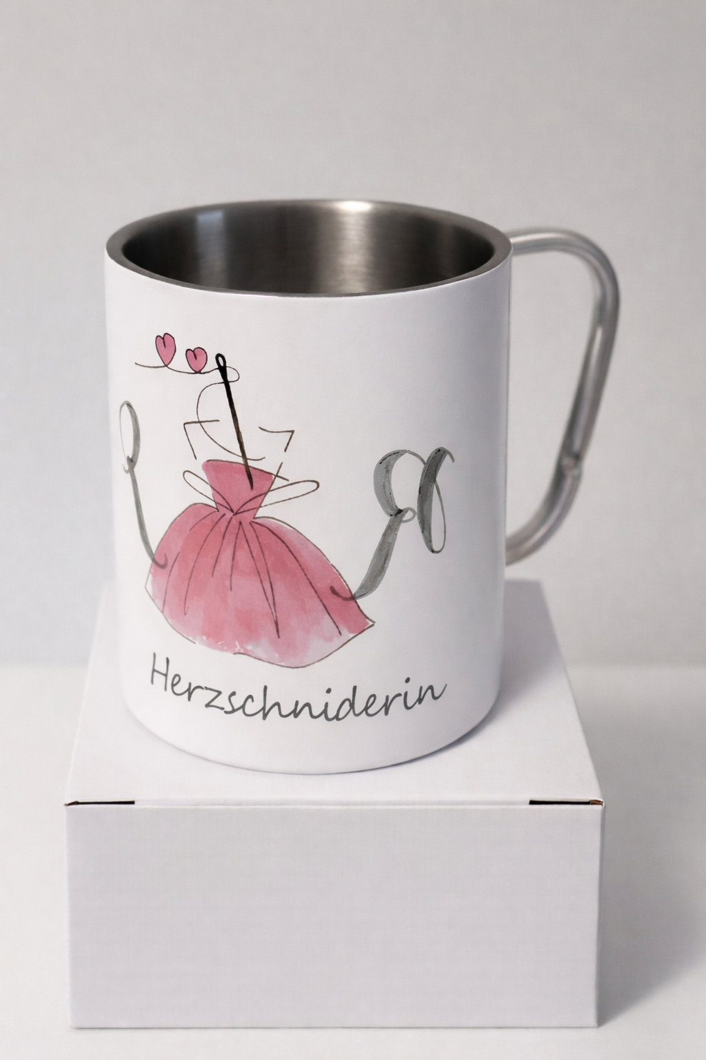 "Herzschniderin" Edelstahl-Tasse mit Karabiner-Henkel