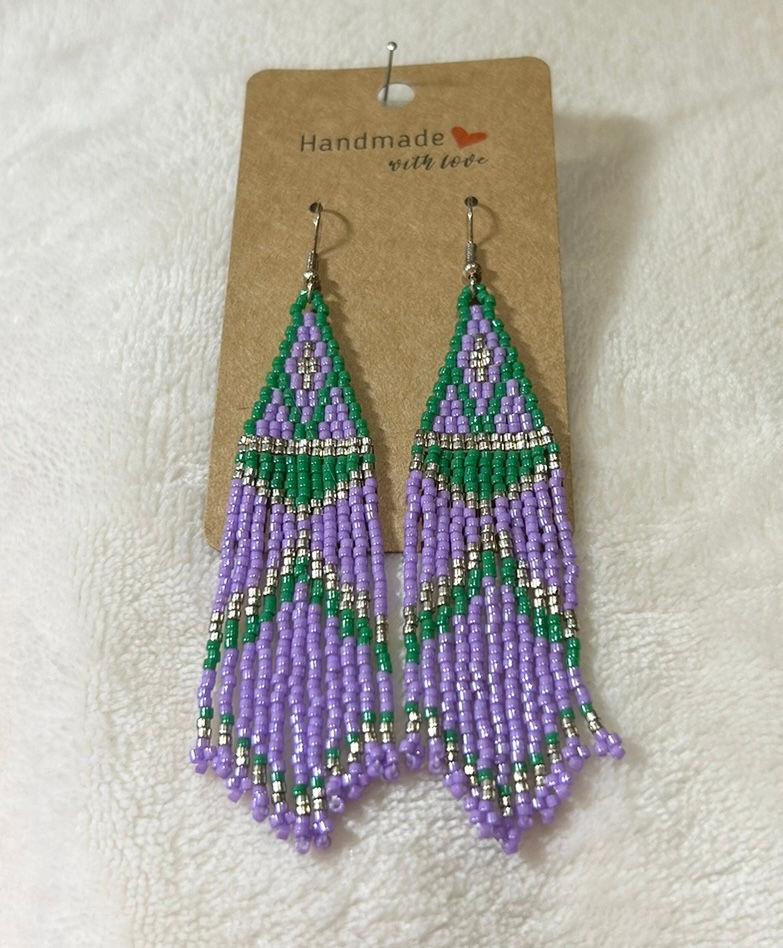 Purple & green diamond pattern fringed earrings
