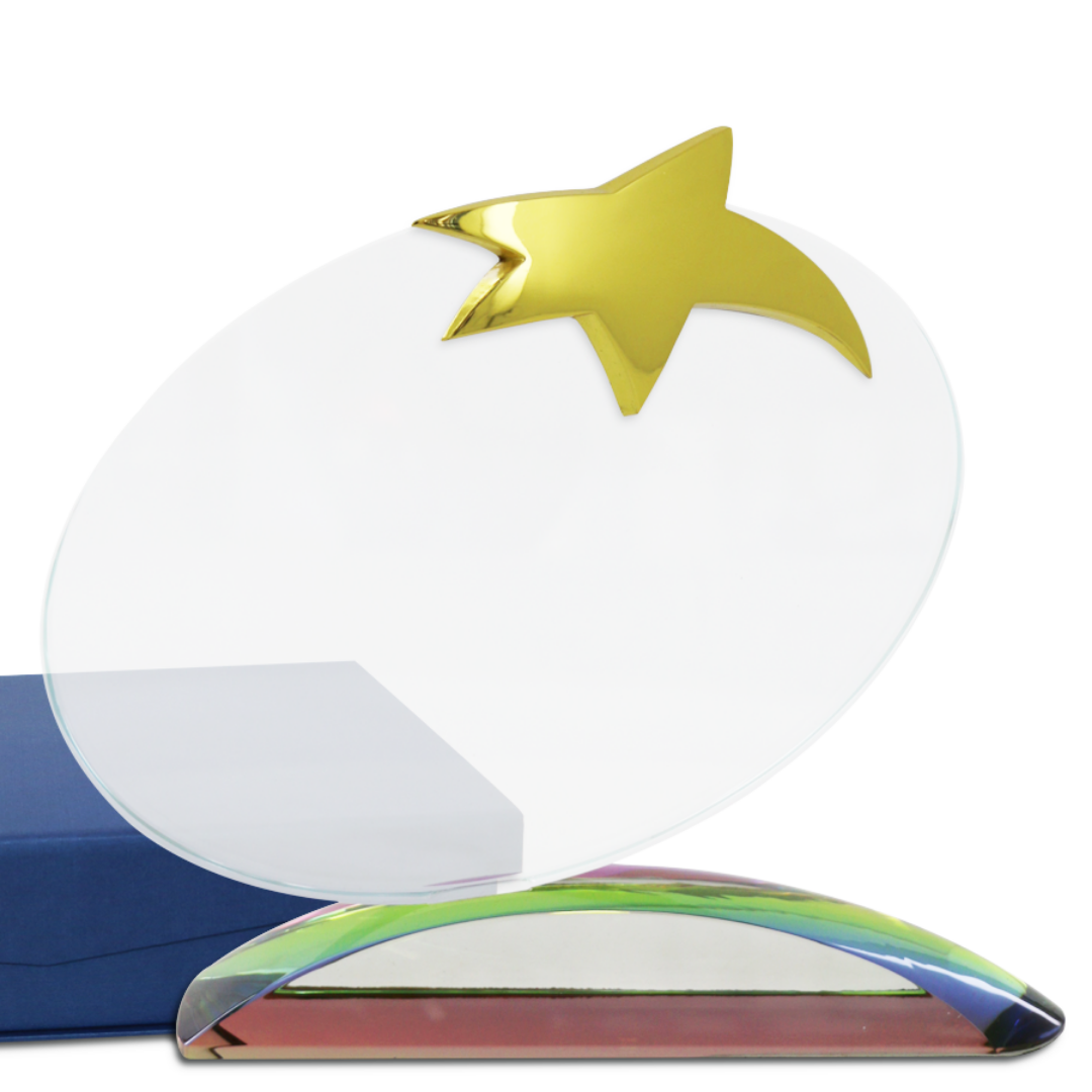 Trophée avec Étoile Dorée sur Socle en Verre Multicolore