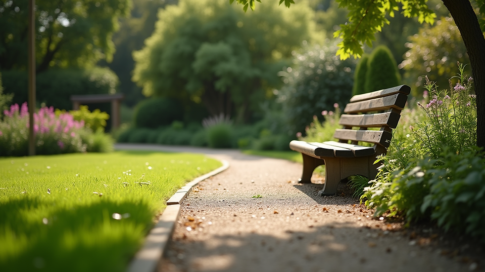 Eye-level view of a peaceful garden with a bench
