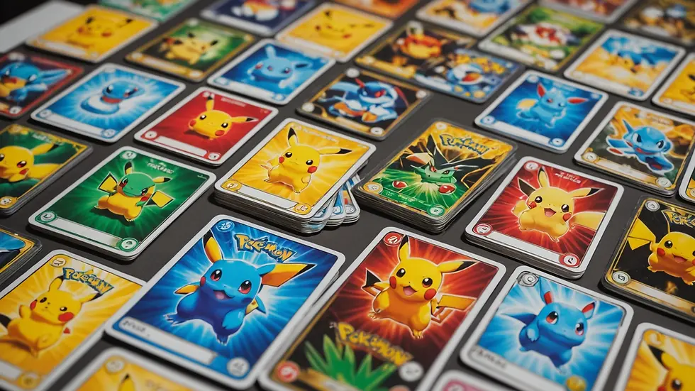 Eye-level view of a collection of Pokémon cards laid out on a table for viewing and evaluation