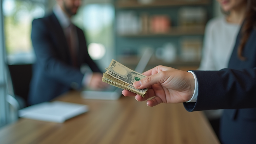 Close-up of a person handing over cash at a money transfer office
