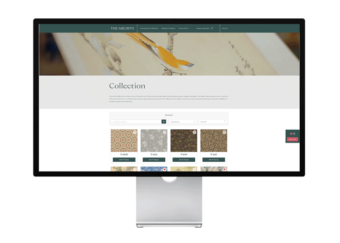 Computer screen displays "The Archive" website, showing a collection of patterns. A bird image is at the top, with a search bar below.