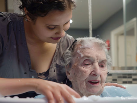 Uma cuidadora dando banho em uma idosa com necessidades