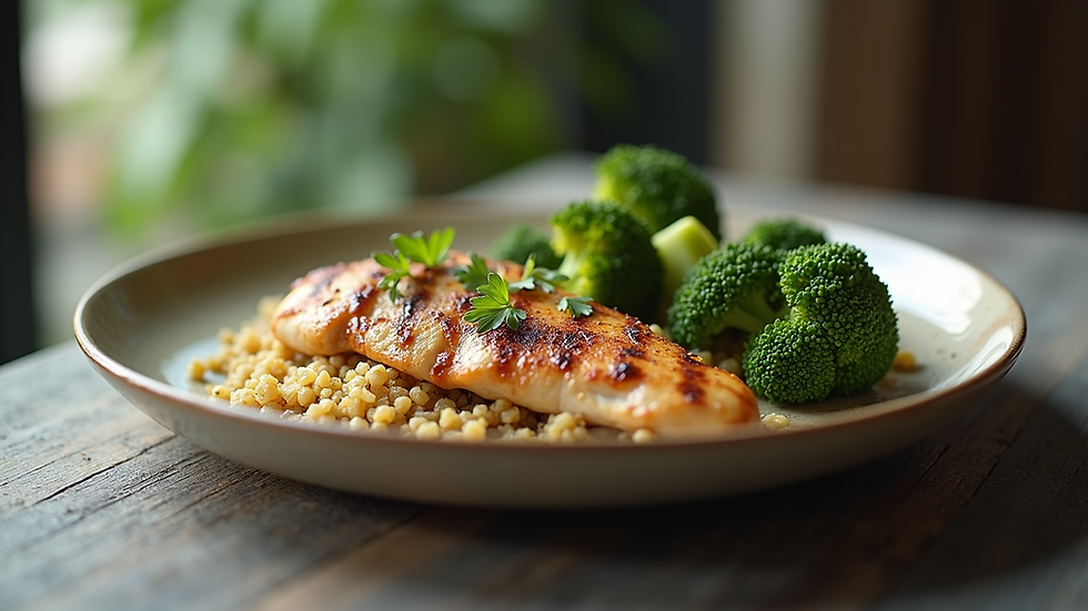 Eye-level view of a plate with grilled chicken, quinoa, and broccoli