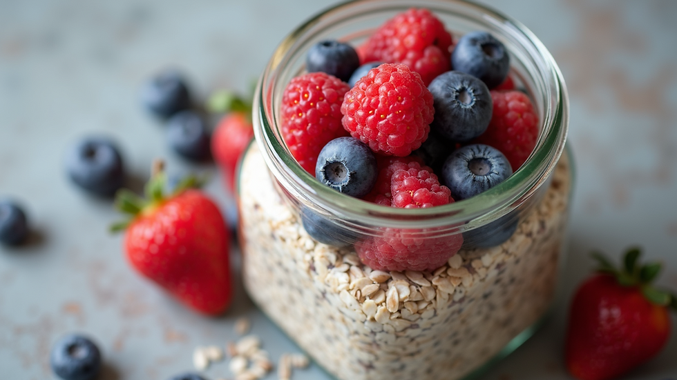 Close-up view of a colorful overnight oats jar with berries and chia seeds