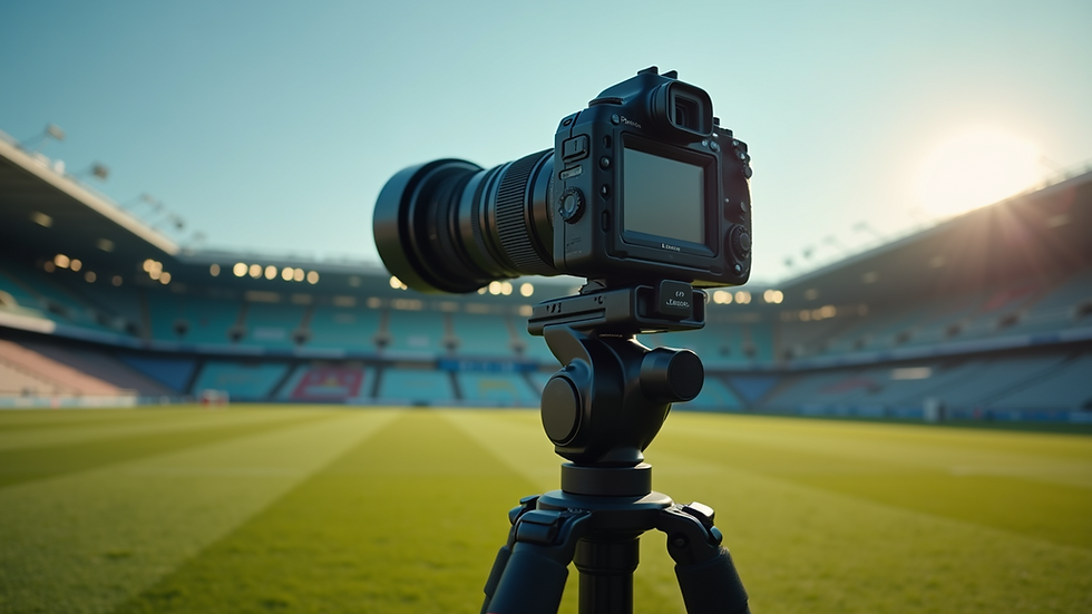 Eye-level view of a professional camera with a telephoto lens on a tripod at a sports field