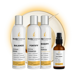 Scalp Science 3-Step System professional scalp care products: detox shampoo, scalp rinse, and hair growth support 
