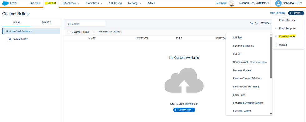 Navigating the Content Builder in a cloud-based platform, with options for creating and managing content blocks.
