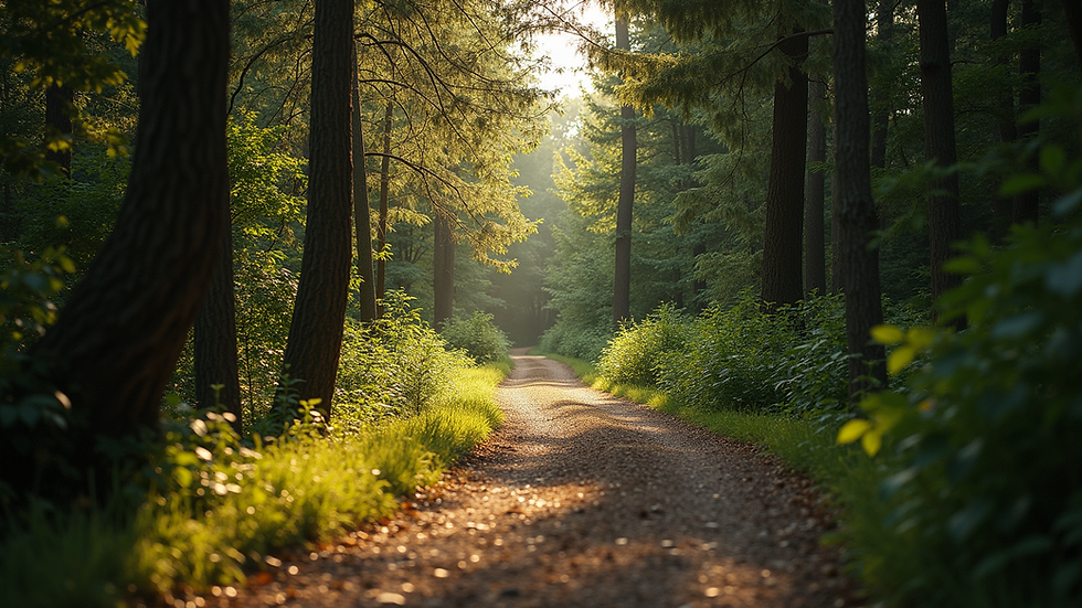 Eye-level view of a serene nature trail surrounded by trees.