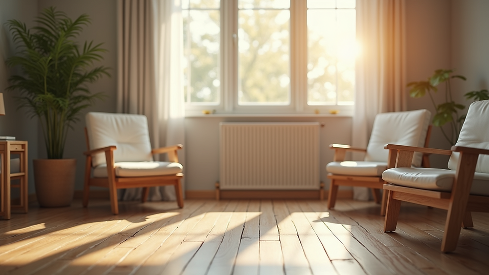 Eye-level view of a serene therapy room with comfortable chairs and soft lighting