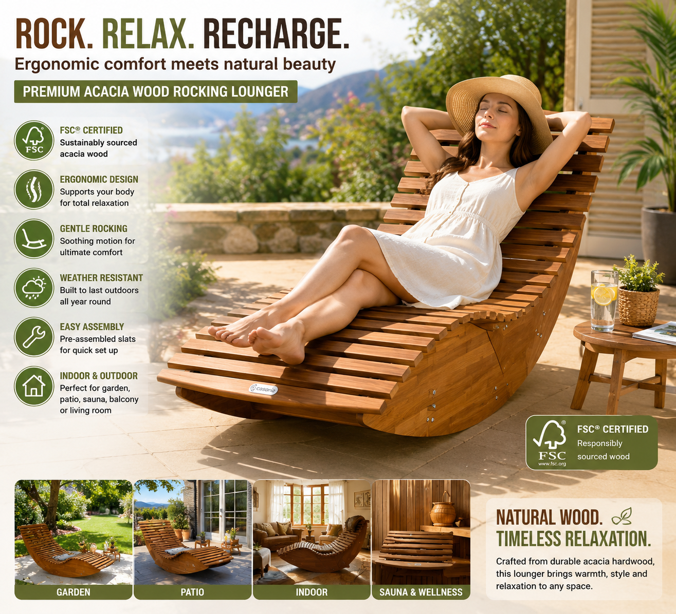 FSC Certified Acacia Wood Lounger Ergonomic