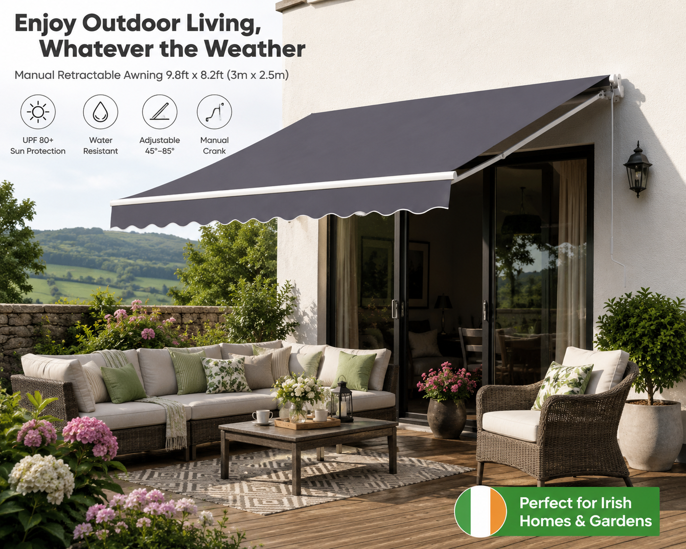 Manual Retractable Awning 9.8ft x 8.2ft (3m x 2.5m) – Patio Sun Shade Canopy