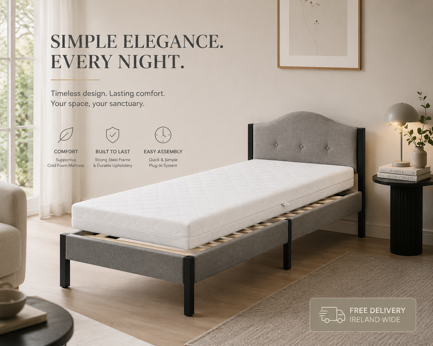 Grey Upholstered Single Bed with Mattress | 90 x 200 cm