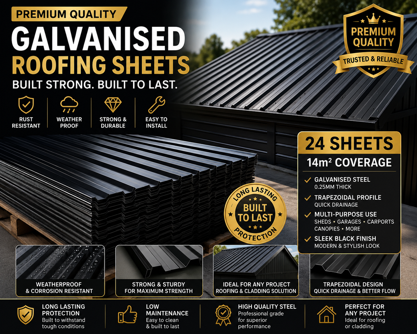24 or 12  x Galvanised Trapezoidal Corrugated Roofing Sheets – Rust-Resistant