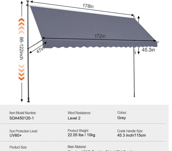 Thumbnail: Manual Retractable Awning – Retractable Patio Awning Sun Shade, Adjustable