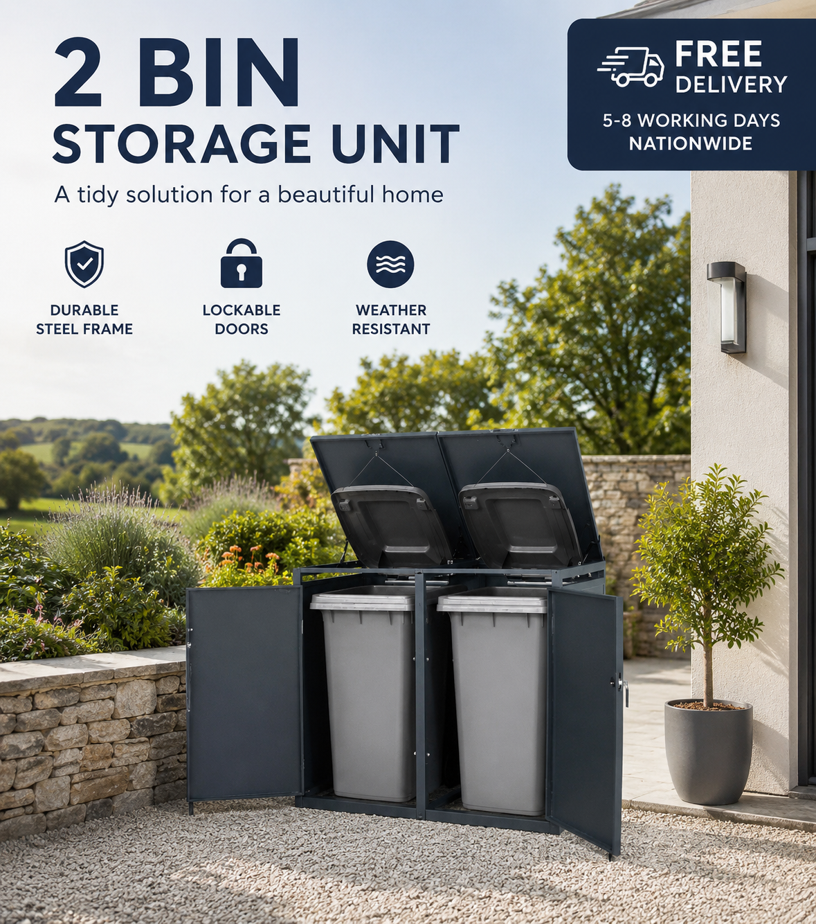 Double Metal Wheelie Bin Storage Box for 2 x 240L Bins Lockable Anthracite Powde