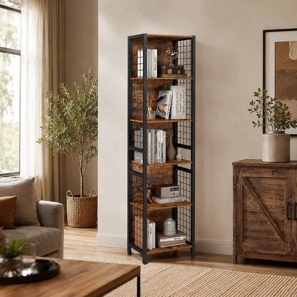 Thumbnail: Tall Industrial Bookshelf with 6 Shelves and Hooks Rustic Brown