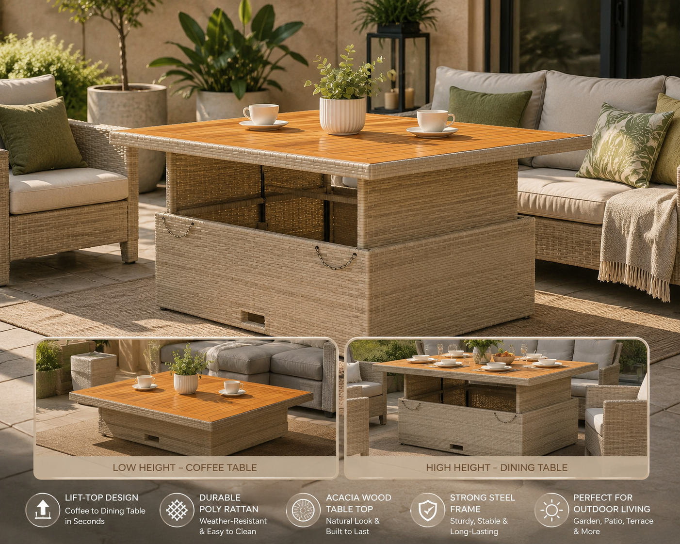 Garden Table, Outdoor Table with Adjustable Table Top,