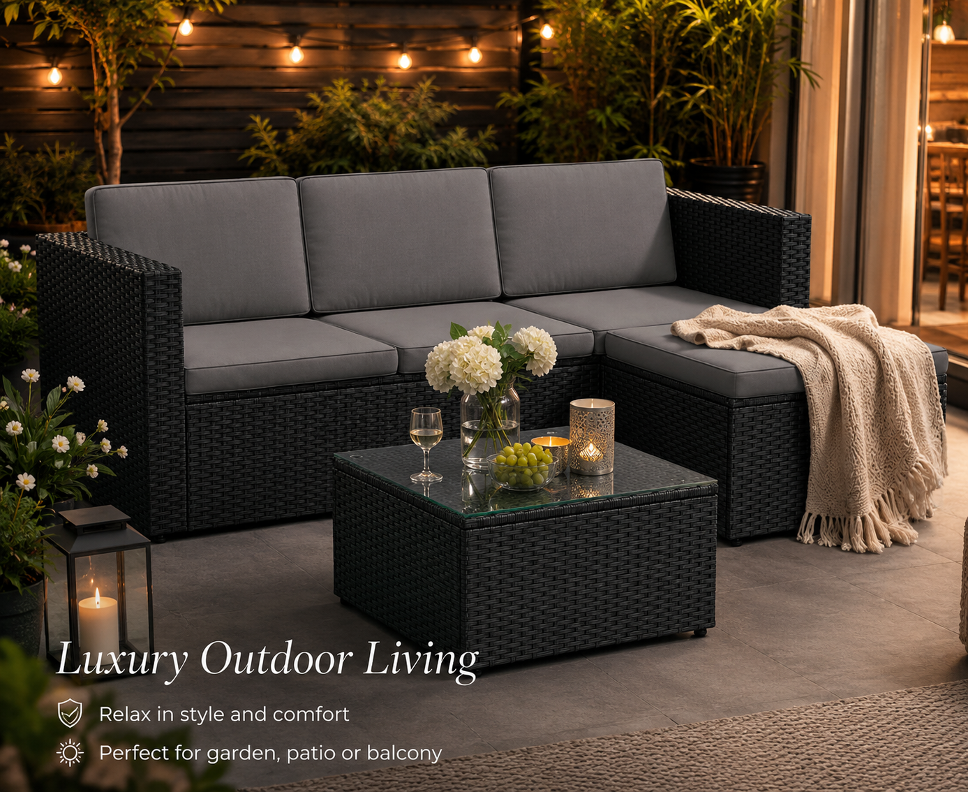 Rattan Garden Corner Sofa Set with Coffee Table and Footstool