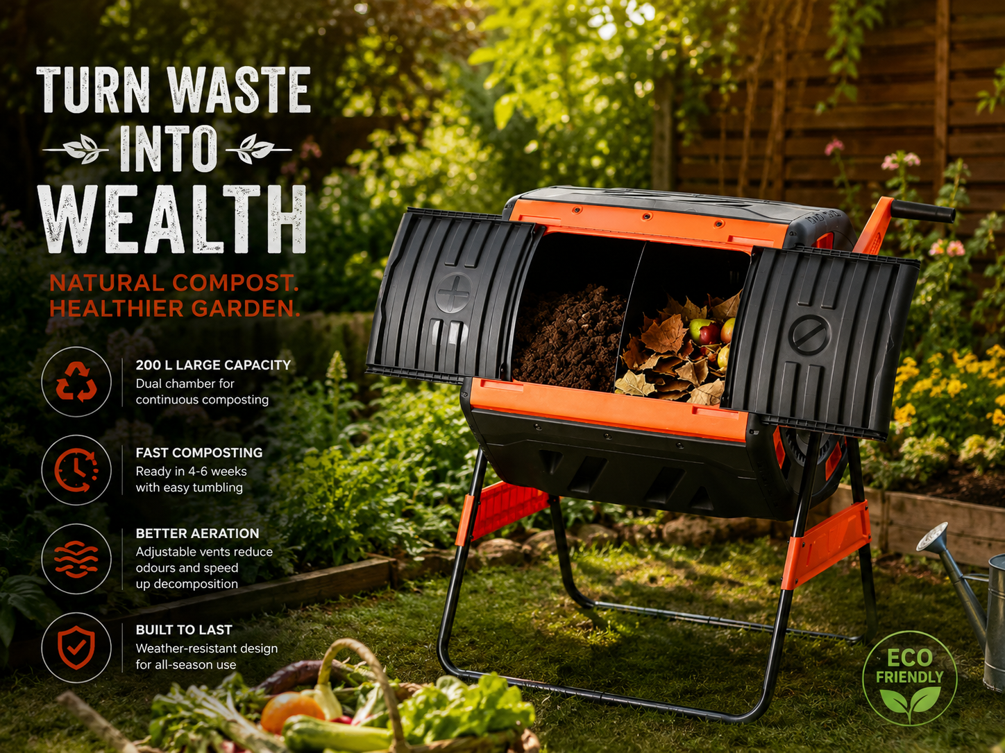 200L Dual Chamber Rotating Compost Bin Garden Composter Tumbler