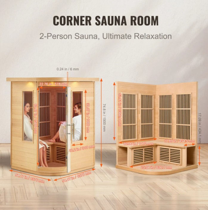 Thumbnail: Far Infrared Wooden Sauna for 2 People – 2000W Indoor Home Sauna with Bluetooth,