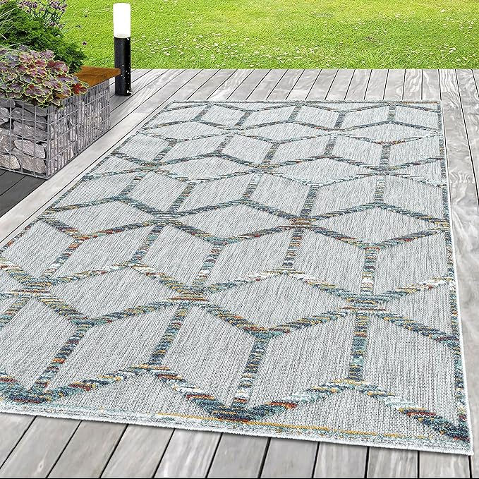 Thumbnail: Rug Flat Woven 3D Effect Boho Design Patio Balcony Garden Kitchen