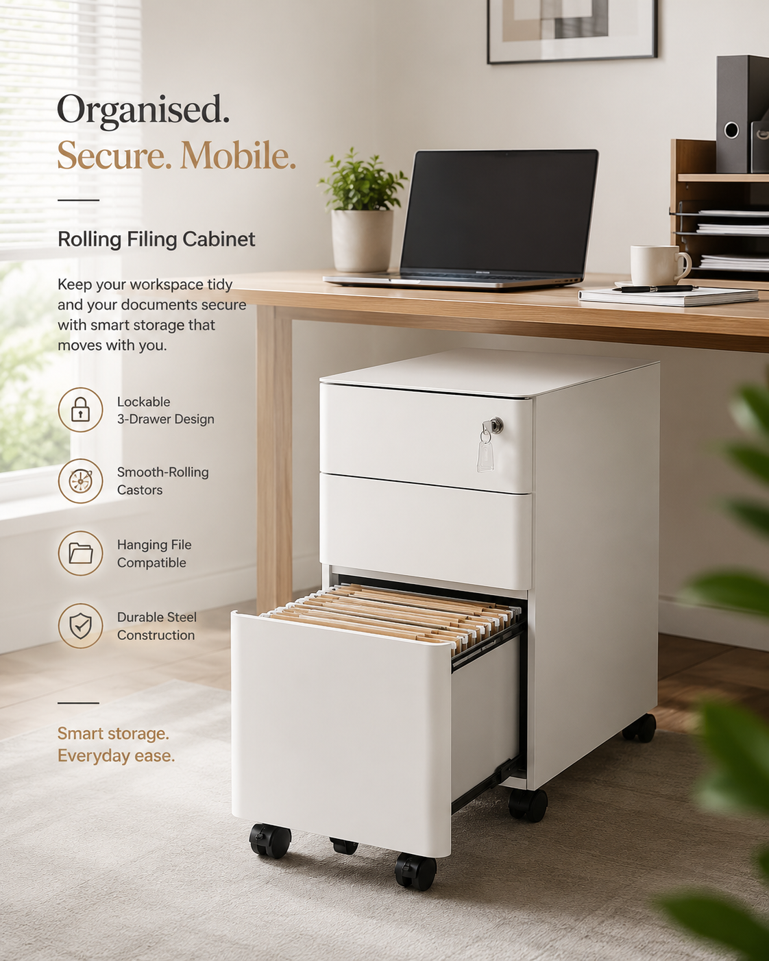 Rolling Filing Cabinet with Lock – 3 Drawer Mobile Office Cabinet on Castors