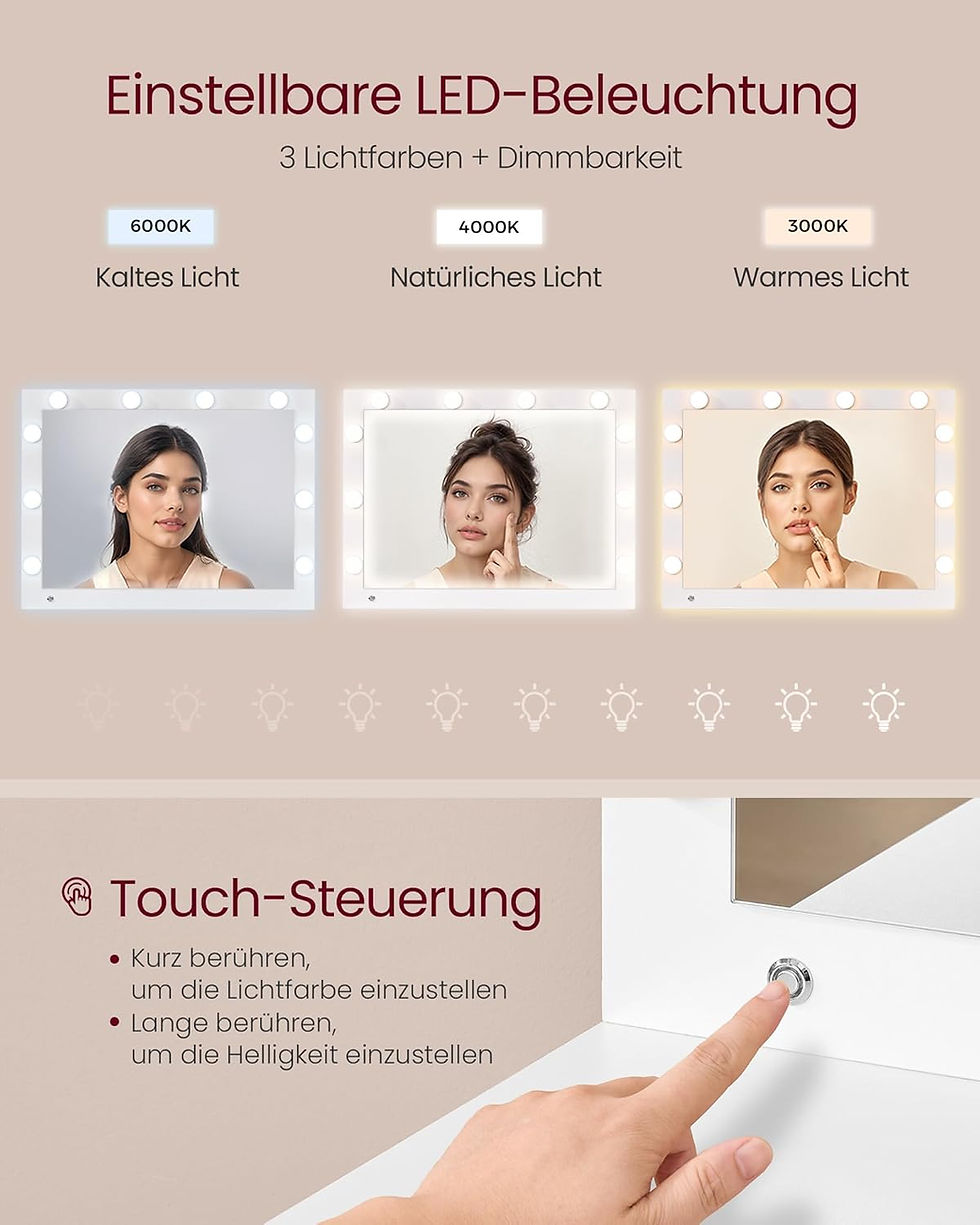 Thumbnail: Dressing Table with LED Mirror, Drawers & Stool – White & Gold