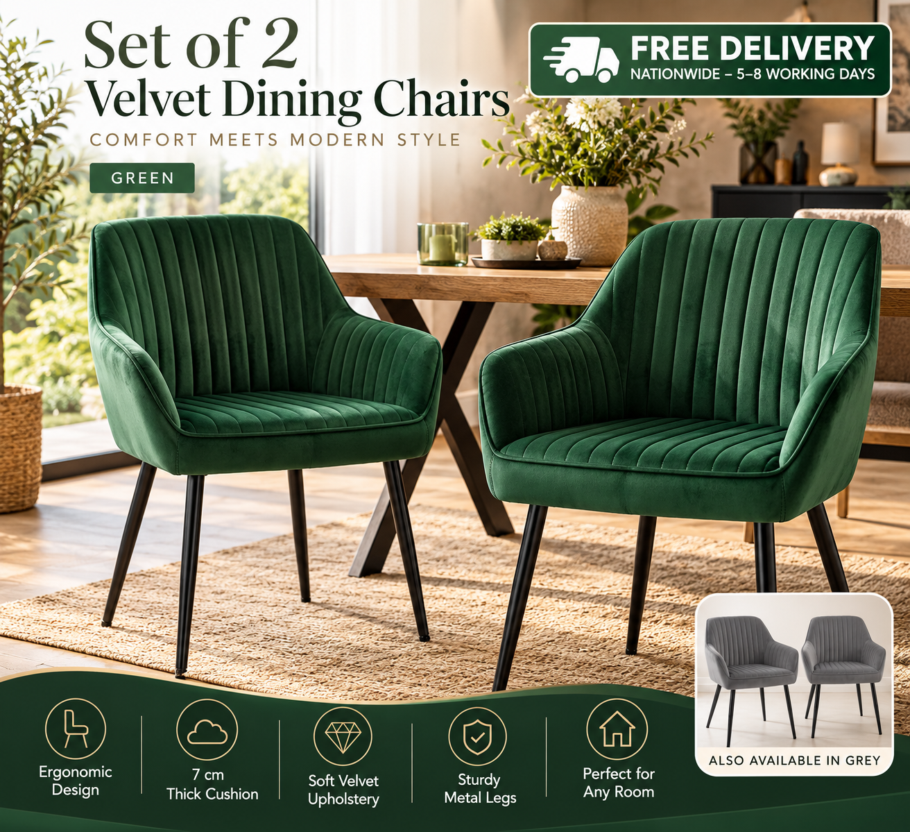 Set of 2 Velvet Dining Chairs with Armrest