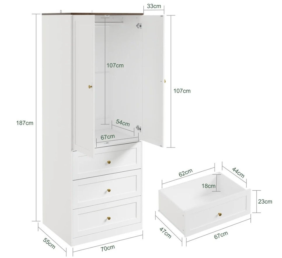 Thumbnail: 70cm White Wardrobe with 3 Drawers, Clothes Rail & Dark Wood Top