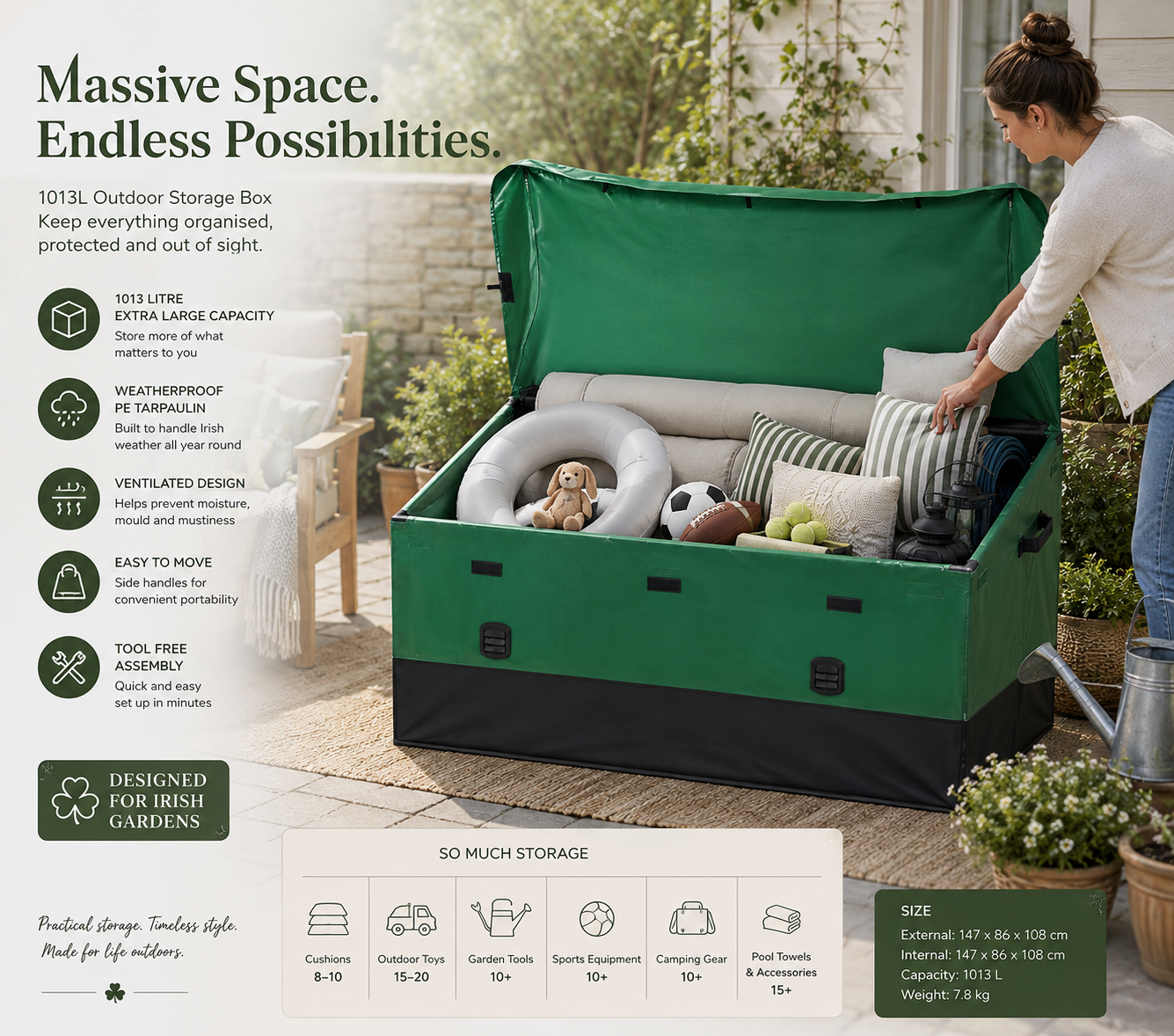 XXL Outdoor Storage Box Waterproof Garden Storage Container 147 x 86 x 108 cm