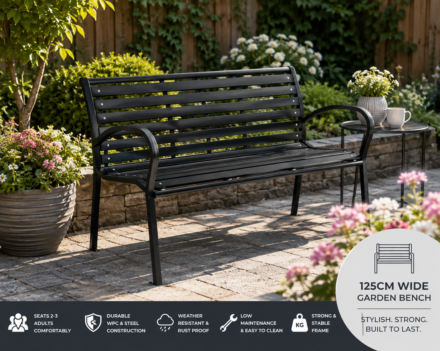 3 Seater Garden Bench – WPC & Steel Outdoor Seating