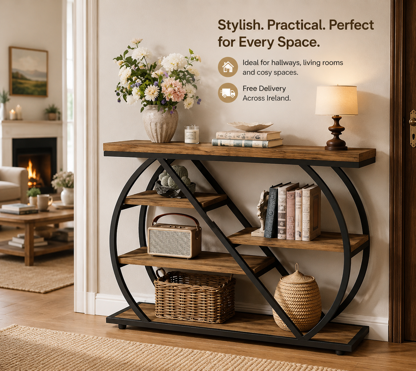 Console Table – Rustic Brown & Black 5-Tier Hallway Table with Geometric