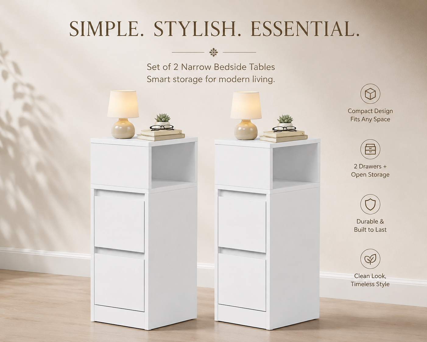 Set of 2 Narrow Bedside Tables with 2 Drawers White